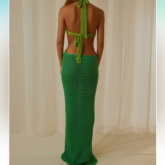 PEPPERMAYO copy Green Halter Crochet Bodycon Hollow Out Midi Beach Dresses - Picture 3 of 5